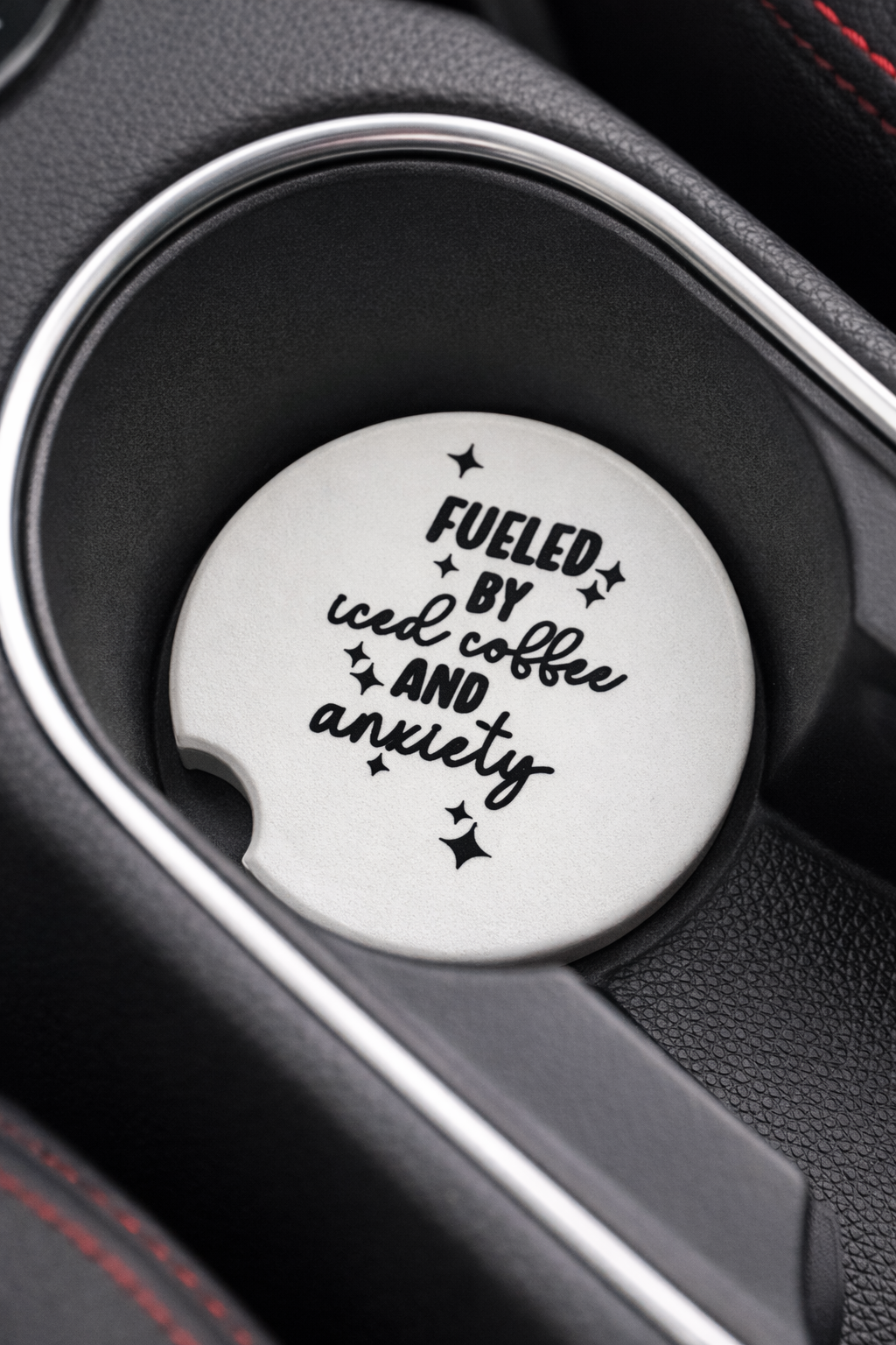 RM-CO14- Fueled by Iced Coffee & Anxiety Car Coaster