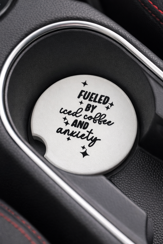RM-CO14- Fueled by Iced Coffee & Anxiety Car Coaster